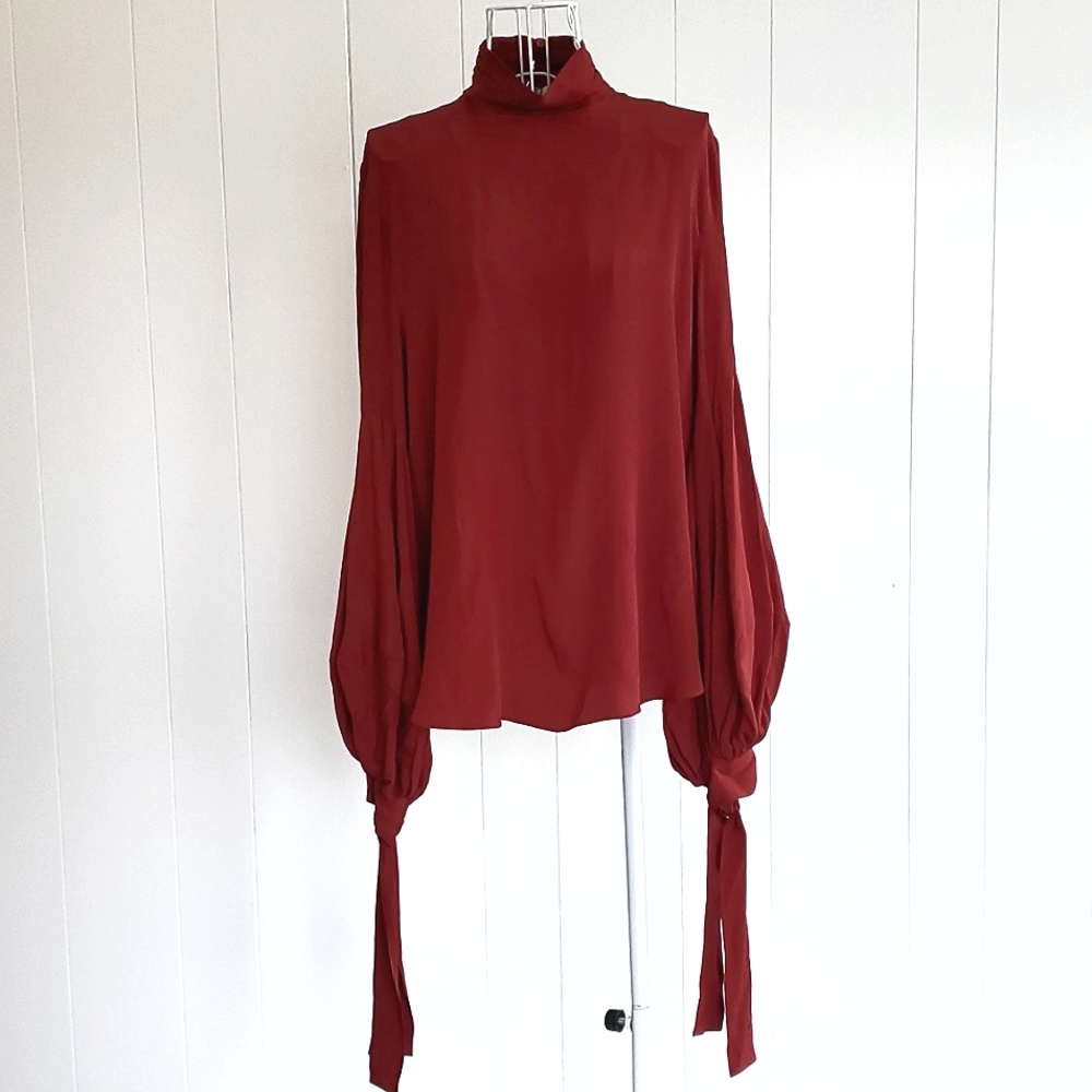 NWT MNG Suit Mango Pomegranate Red Mock Neck Tie Bell Sleeve Silk Blouse Size L